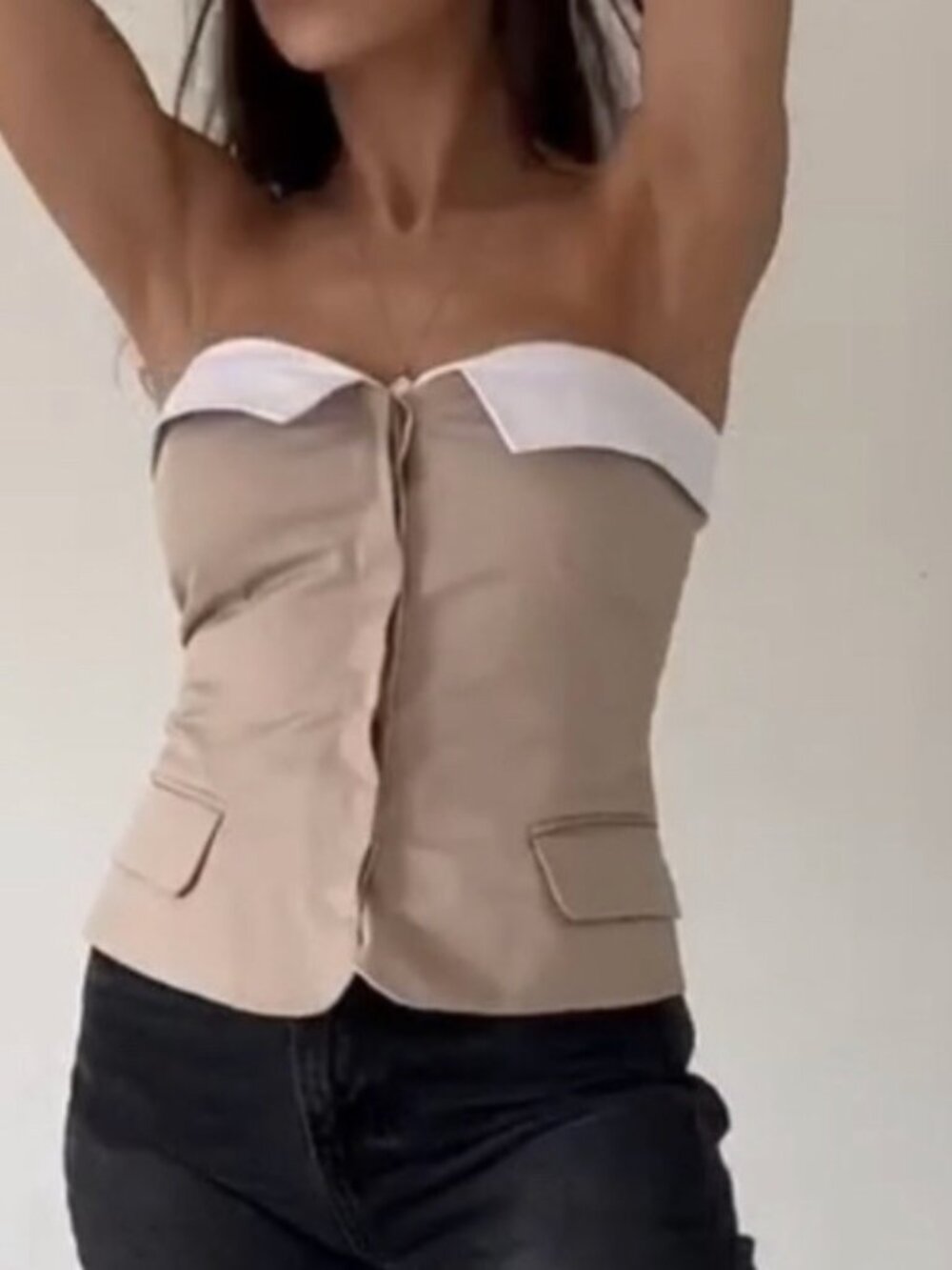 Zara Gabardine Contrast Corset Top M Beige White